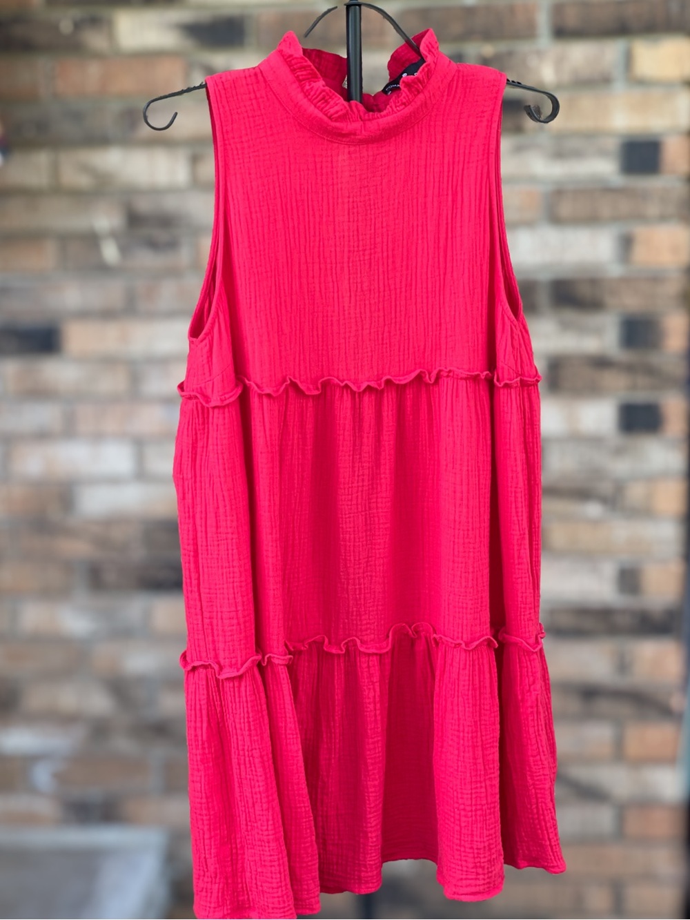 Pomander Place XL Red Tiered Cotton Gauze Dress Ruffle Neck Back Tie